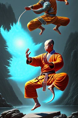 shaolin master ass kick vs yoga dragon, water, temple background, mist, trending on artstation, oil painting, game art