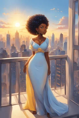 The scene opens onto a serene balcony overlooking a bustling city skyline. The sky above is painted in soft hues of blue and yellow as the sun begins its descent, casting a warm glow over everything it touches. In the foreground stands a captivating figure, airbrush chibi cartoon curvy black woman exuding confidence and elegance. She is adorned in a flowing white knit maxi dress that hugs her curves in all the right places, accentuating her silhouette. Her choice of footwear is equally stunning