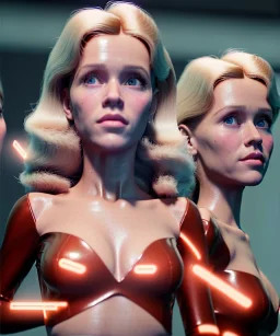 Ultra Realistic retro sci-fi movie scene, 1960 year, waist up view portrait, 3 clones blonde women, sweet young Jane Fonda face, perfect iris, glow eyes, face makeup, tight latex coat. Supermarket with people background, Retro sci-fi style, soft color, highly detailed, unreal engine 5, ray tracing, RTX, lumen lighting, ultra detail, volumetric lighting, 3d, finely drawn, high definition, high resolution.