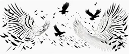 2 birds being chased through the air by an eagle, they each trail a graphic line behind them, and lost feathers, black on white vector