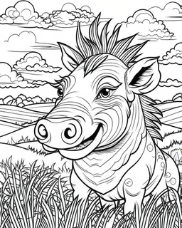 create a 2d black outline, "safari smiling cartoon warthog coloring book for adults", coloring page, low details design, black contour, coloring page design, simple background, colorful , card style, coloring page for adults, white background, sketch style, safari landscape, cartoon style