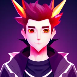 anime discord profile picture of man with short black hair with red streaks, with purple dragon horns on top of his head, looking mischievous