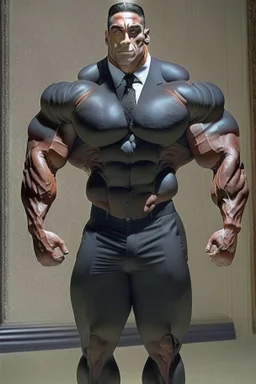 The body of bodybuilder Lee Hany is without a head, only a body, and he wears a luxurious black suit