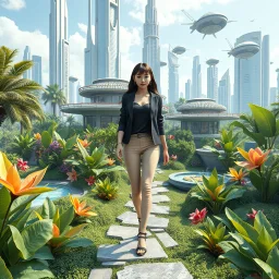 Highly detailed and intricate 3D fractal recursive art, featuring a single young woman/girl wearing fashionable modern clothing, walking directly towards the camera through a lush, futuristic villa garden. The garden is part of a larger technologically-advanced city, with towering skyscrapers and floating vehicles visible in the background. The garden itself is a verdant oasis, with exotic flora, flowing water features, and a seamless integration of natural and artificial elements. Holographic