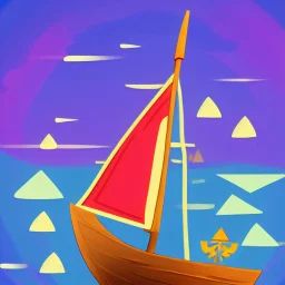 Small wooden ship, Legend Of Zelda: Wind Waker style, on a vast ocean, stylized, colorful, adventurous, full view.