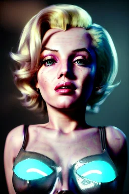 Ultra Realistic image, portrait, blonde woman, sweet Marylin Monroe face, perfect iris, glow eyes, makeup, wires attached to head. Mad max style, latex coat, fog, rain, soft color, highly detailed, unreal engine 5, ray tracing, RTX, lumen lighting, ultra detail, volumetric lighting, 3d, finely drawn, high definition, high resolution.