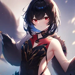 Clear focus,High resolution, black short fluffy hair, long fluffy bangs, and red eyes, Depressed girl, wearing a barely revealing outfit