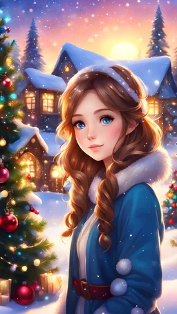 Beautiful Christmas anime girl with shiny light brown hair, lovely sparkling blue eyes, surrounded by Christmas trees and other festive decorations, cute cottages, twinkling lights, snow landscape, sunset light, digital painting, vivid colors