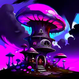 A fantabulous black, magenta and blue (((mushroom tower house))) erected atop a (geologic pillar), surrounded by the uncanny imaginative ((( swirling skies))), offset by the stark hues of a (neon-tinged nebulous space scape), within. captured by the hand a skilled master painter with a focus on (softly blurred compositions and voluminous lighting).