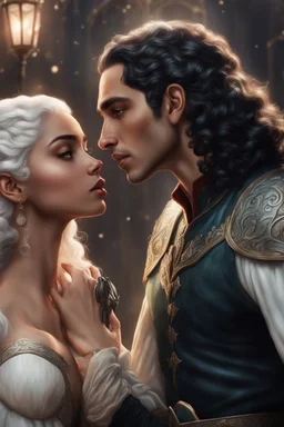 young mulatto woman with wavy snow white hair, kissing a male elf with short black hair