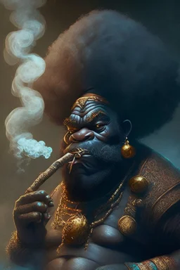 A fantasy black dwarf with an Afro smoking a cigar