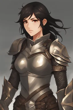 Female, fit build, average height, black hair, light brown eyes, chainmail armor, spikes, wielding lance