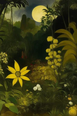 A dark gold rainforest near a bamboo’s forest surrounded flowers with rocks, painted by Paul Gauguin