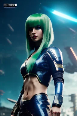 Futuristic warrior, waist up portrait, physically fit, latex and leather attire, green hair, blue eyes, intricate eyeliner, vibrant eyeshadow, clear completion, soft lighting, 4k resolution, intricate details, insanely detailed, colorful cityscape background, masterpiece, expert, cinematic smooth, retroanime style, realistic details, no helmet