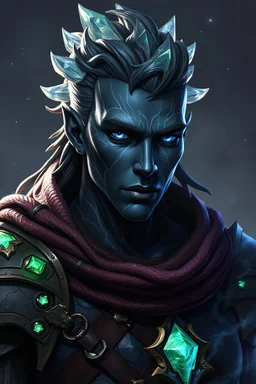 Please generate a male earth genasi warrior for D&D. he should have dark-colored skin with glittering sparkles like gem dust. he should have lines marking his skin like cracks, showing glimmering gem-like veins and a faint glow. His hair should appear carved of crystal. he should be in her mid-40s and in warrior armor. he have blue eyes.