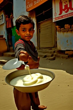 Little boy with curd in front of akhbar