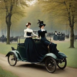 The Goldsmith Ladies in the Bois de Boulogne in 1897 on a Peugeot car, Julius LeBlanc Stewart, smile, dog