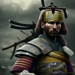 full portrai of lionel messi samurai gaspunk,high detail, volumetric lighting, tiny features, intricate detail,volumetric clouds