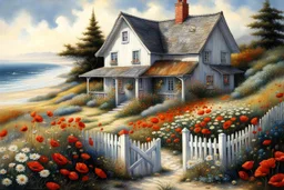 painting depicting a picturesque, richly detailed location, similar to the work of masters such as Josephine Wall or Tomasz Alen Kopera. A cozy, quaint white cottage with a gray shingled roof nestled among sandy dunes. A wooden fence encloses a charming garden blooming with colorful flowers like red poppies and white daisies in front of the house. The property features two gable-fronted dormers with windows, complementing white-framed windows adorned with lace curtains, and a sky-blue front door