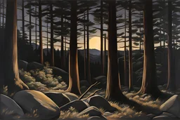 Night, trees, mountains, rocks, richard estes paintings