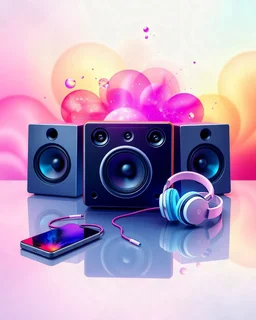 A beautiful design with a picture of a speaker, sound system, headphones, and mobile charger in a centerpiece with a beautiful and unique color theme.