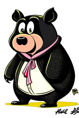 Pig in a black bear costume, in the style of early Hanna-Barbera