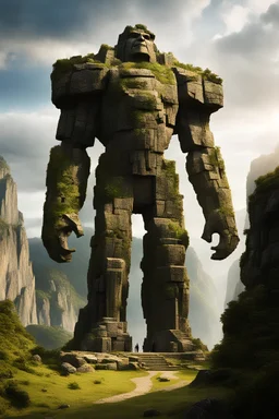 create a render: In the craggy embrace of a secluded mountain domain, a colossal stone golem assumes its formidable post, a silent sentinel standing sentinel at the entrance to an enigmatic kingdom veiled in the heights. Channeling the evocative style of Jorge Jacinto, picture this guardian's monumental form, a testament to both the ancient craftsmanship and the mystic significance it holds in safeguarding the concealed treasures of the mountainous realm.