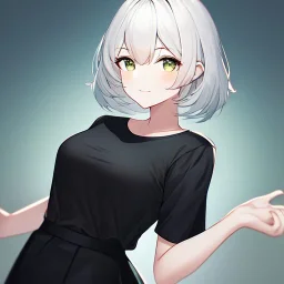 Clear focus, High resolution, light grey short hair, dark green eyes, wearing a black t-shirt and black skirt, fluffy hair, detailed outfit, really fluffy hair