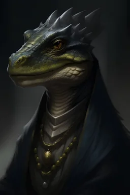 Portrait of a Black scales lizardfolk in Pathfinder RPG dressed in Dark robes mysterious