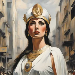 [Part of the series by Antonio Sant'Elia] In a bustling city, a woman resembling Athena emerges, exuding wisdom and strength.