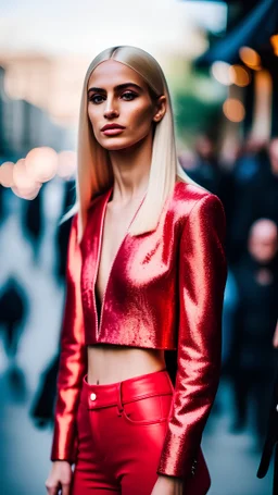 Insanely detailed average turkish blonde woman Wears An Elegant Outfit Combined With A Fancy Stylish colorful Crop Top, A boyfriend jean And red Stiletto, Hyperdetailed Face, Realistic Mouth Closed, sleek and straight hair, detailed beautiful face, nice body, Street Photography, full-body view, Bokeh, Natural Lighting, Canon Lens, Shot On Dslr, 64 Megapixels, Full-Body Portrait, Hdr, Award Winning Photograph