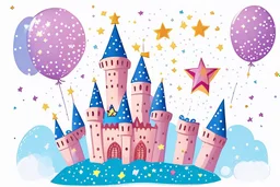 a sparkling star, a castle, elements like balloons and confetti. children book style illustration.