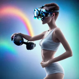 Woman with a VR headset running in futuristic Edimburgh on chrome water and rainbow sky