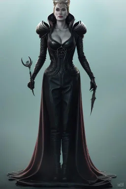 Cersei Lannister as evil queen in black leather, busty, cleavage, curvy, lena headay, angry, stern look. character design by cory loftis, fenghua zhong, ryohei hase, ismail inceoglu and ruan jia. unreal engine 5, artistic lighting, highly detailed, photorealistic, fantasy