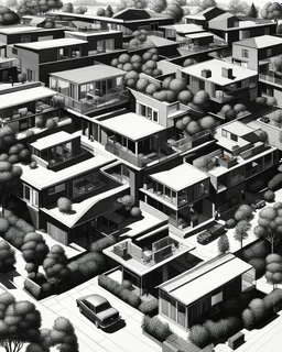 Architectural drawing of an urbanization of two-story houses, streets, trees, people and cars