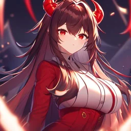 Clear focus,High resolution,High quality, Black long hair, Red eyes, Red horns,