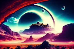 Alien landscape with Epic explanet with rings in the sky, valley, cinematic