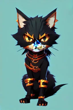 cat 2d, knight, ninja, black fur,full body, orange torn coat,game character, strong, anime, chibi