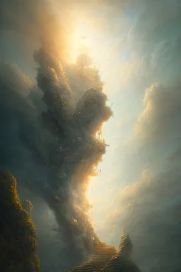 stairway to heaven made of light, sky full of clouds, art by greg rutkowski and peter mohrbacher, featured in artstation, octane render, cinematic, elegant, intricate, ultra detailed, rule of thirds, professional lighting, unreal