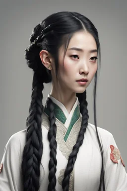 29 year old beautiful chinese female elf with long black braids, dressed in a diplomatic tunic