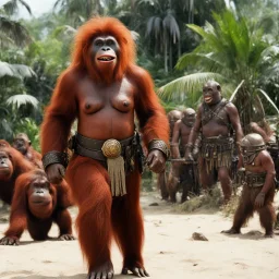 [high res photo by Gilligans Island] the Orangutang Queen smiles, ready to fight, in dust, rust and blood, her body is covered with cartridge belts