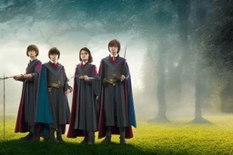 realistic young Harry Potter movie characters in front of white house