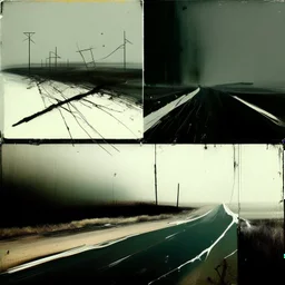 Minimal abstract oil paintings desolate highway concrete fragments. style of Justin Mortimer and Phil Hale, Francis Bacon. Glitch road markings.