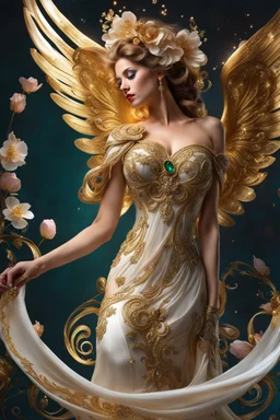 Photography Angel wearing a magical gown of swirly flowing marble water gold filigree curlicues, flowering flowers, bloom, sparkle, ornamental gilt, diamonds, rubies, emeralds, sapphires, beautiful, delicate, intricate, elegant, graceful, shiny, Hyperrealism, Rococo, expressive, spherical, zoom out, volumetric lighting