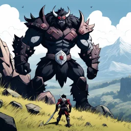 [high res photo by wii No More Heroes style with thick lines] The massive warrior watch from a rock on the hill, while a monster crawls in the valley