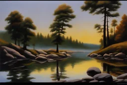 day, few trees, few rocks, 2000's sci fi movies influence, lake, very easy landscape, friedrich eckenfelder impressionism paintings