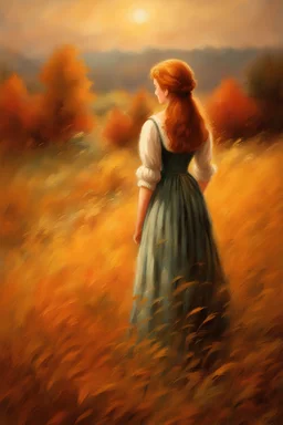 Masterpiece, best quality, Thomas Kinkade style painting of Anne Shirley from behind standing in a field, autumn, oil pastel style, vintage, painted by Thomas Kinkade
