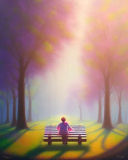 park mystical dream, park bench, man, woman, child, dog, trees, path, bird, sunshine, mystical, fantasy, romanticism, pastel colors, daylight, daytime, acrylic painting, detailed, soft focus,