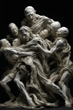 Imagine a mass of figures intertwined in a grotesque and chaotic embrace. Their bodies, covered in thin ragged cloth, merge together to create an unsettling and visually compelling image. Focus on showing different body types, skin tones and expressions ranging from anguish to ecstasy. It's not a sensual entanglement, but something disturbingly intimate. The figures' bodies weave in and out of gnarled, skeletal branches. These branches both sprout from the human forms and confine them, stretchin