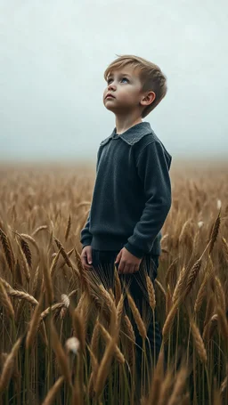 Extremely realistic photo of young boy ,looking up ,standing among big fields of barley in big winks, fog, general foul weather, (Rembrandt Lighting), zeiss lens, ultra realistic, (high detailed skin:1.2), 8k uhd, dslr, Dramatic Rim light, high quality, Fujifilm XT3, artwork in pale distressed tones , minimalistic approach, blends old world aesthetics art with elements of distressed painting and illustration, shadow play, high conceptuality, palette inspired by Charlene Mc Nally, Carne